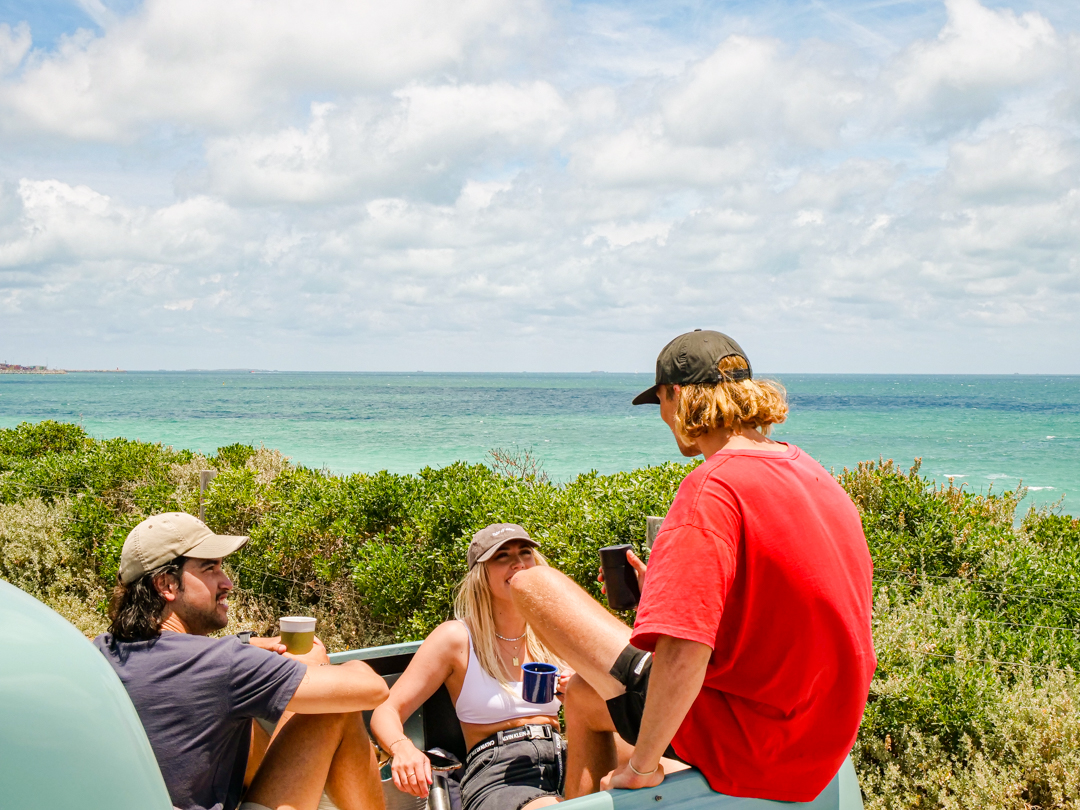 Coastal group lifestyle image with coffee ritual