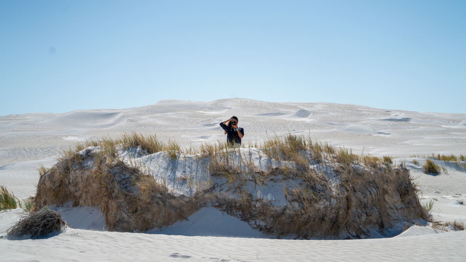 Hannah photographing in coastal dunes